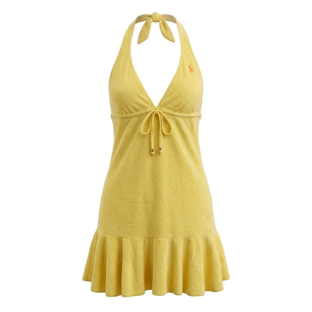 Ralph Lauren Yellow Terry Cloth Halter Swim Cover Up Dress Ruffle Hem Small